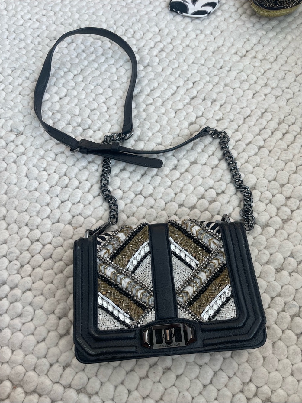 Rebecca Minkoff Beaded Chevron Crossbody Bag in Black and Gold